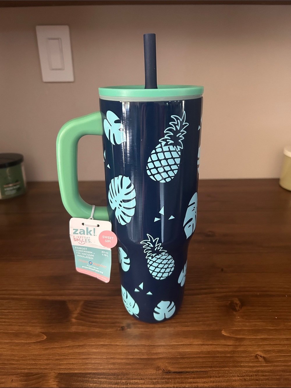 Zak! Tropical Pineapple Navy & Mint Travel Tumbler with Handle